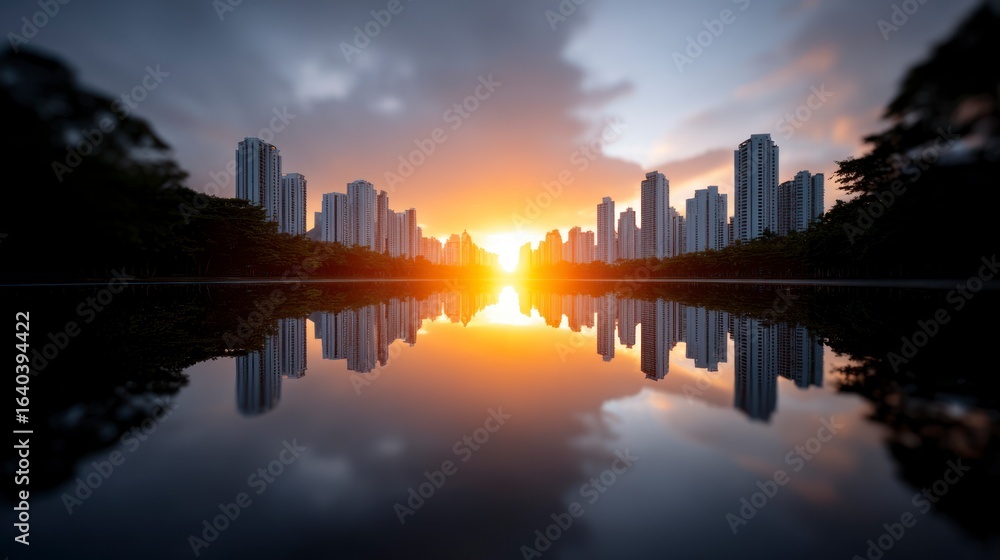 Fototapeta premium Modern cityscape with high rise buildings reflected in calm water during a vibrant sunset