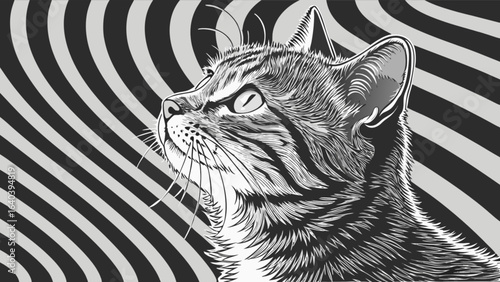 Monochrome cat portrait illustration with hypnotic background design for animal lovers and pet owners