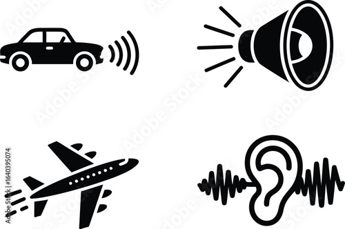 Noise pollution source icons set