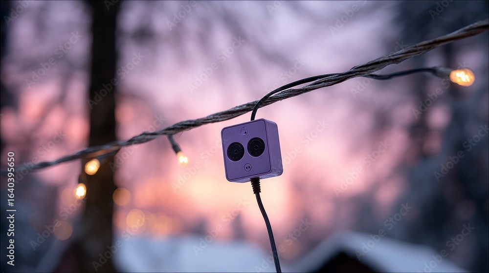 Obraz premium Small purple device with dual lenses attached to a string of warm glowing lights against a blurred winter landscape