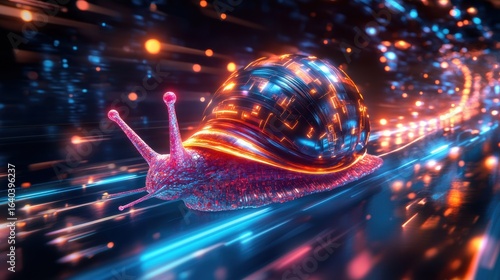 A vibrant, futuristic snail races through a digital landscape, showcasing bright neon colors and a blend of organic and technological elements.