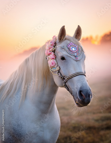 A graceful white horse with face decorated in soft pink rose-infused cream patterns, wearing a silver circlet with an opal centerpiece glowing in pastel colors. Background of misty meadow at sunrise, 