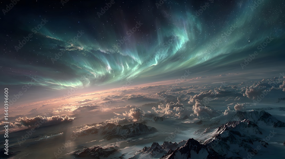 Naklejka premium Spectacular aurora borealis shines over alien planet landscape