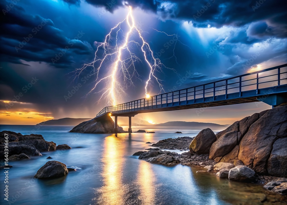Fototapeta premium Precarious Bridge: Resilience in a Stormy Landscape - Minimalist Stock Photo