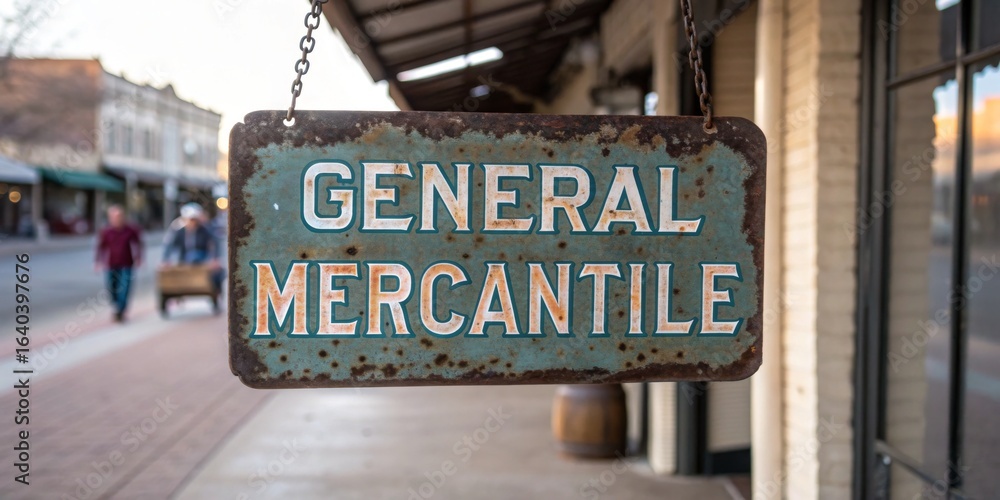 Obraz premium Exploring the charm of a vintage mercantile sign in a quaint downtown setting