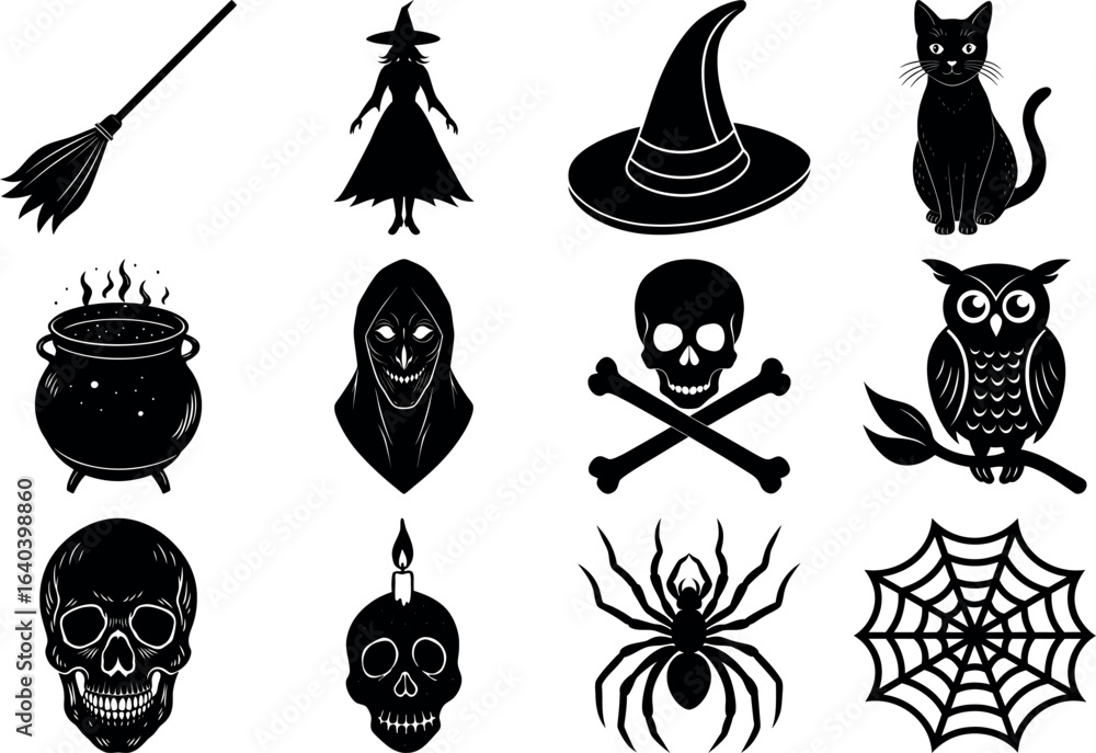 Fototapeta premium Halloween silhouettes set. haunted castles, witches, ghosts, pumpkins, spiders, skull. Collection of Halloween vector
