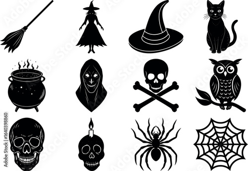 Halloween silhouettes set. haunted castles, witches, ghosts, pumpkins, spiders, skull. Collection of Halloween vector