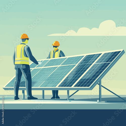 Two engineers in safety uniforms inspecting and selecting a clean high efficiency solar panel before rooftop installation for a renewable energy project cartoon