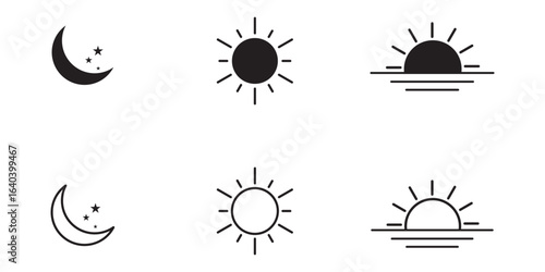 Sun and moon icons set. Dark and light mode symbol. Daytime sunset, Black color sun and moon icon set. Vector illustration. Eps10