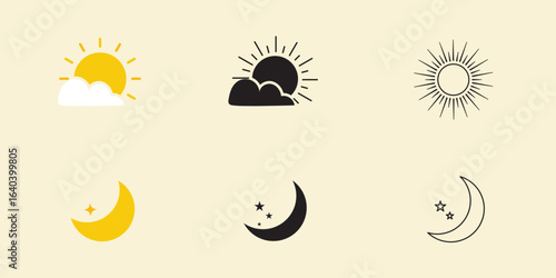 Sun and moon in the morning, noon, night. Icons on a white background. Daytime transparency logo design. Black and Yellow sun and moon icon. Variety Design. 