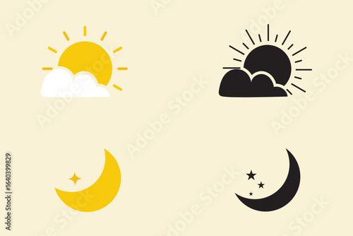 Sun and moon in the morning, noon, night. Icons on a white background. Daytime transparency logo design. Black and Yellow sun and moon icon. Variety Design. 