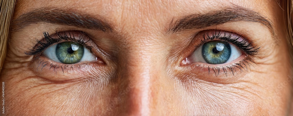 Naklejka premium Puffy eyelids with swollen circles concept. Close-up of a person's eyes, showcasing green irises and wrinkles.