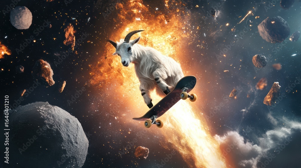 Naklejka premium A goat skateboards through space amidst an explosion of color and celestial bodies, creating a surreal and dynamic scene.
