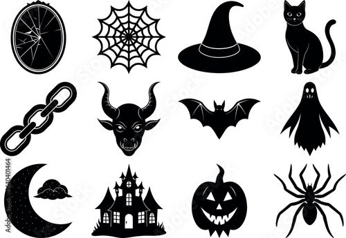 Halloween silhouettes set. haunted castles, witches, ghosts, pumpkins, spiders, skull. Collection of Halloween vector