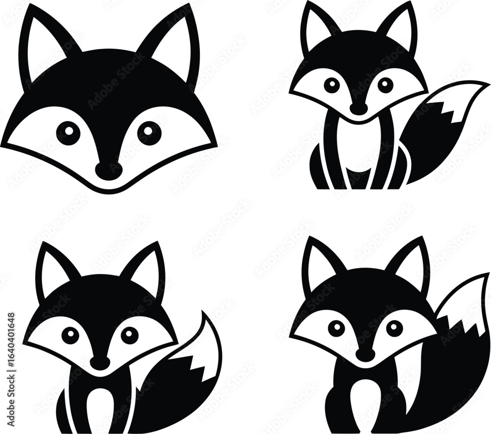Fototapeta premium Four black and white fox graphic elements