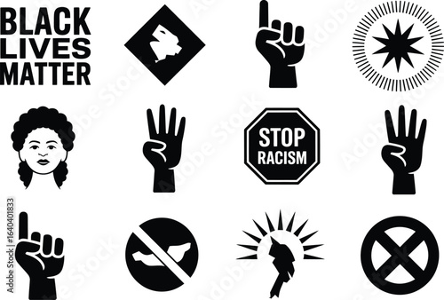 Black lives matter and protest icons set