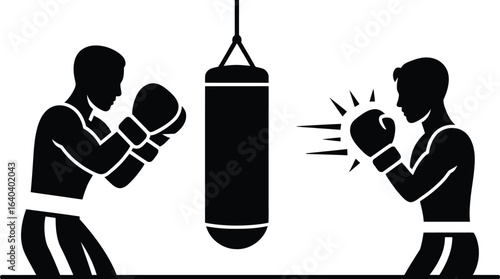Two boxers training with a punching bag