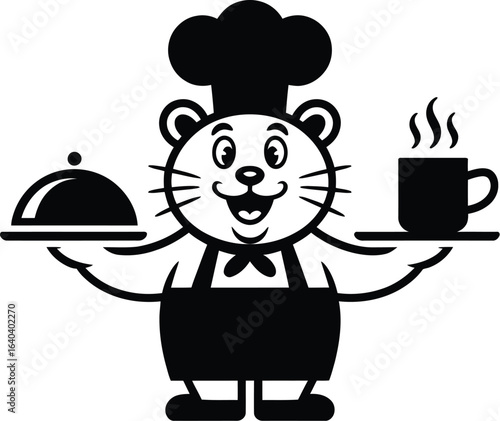 Cartoon bear chef serving food and beverage