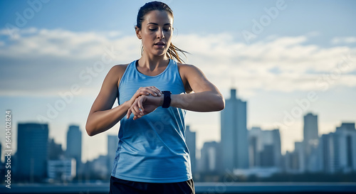 Athletic woman checking her smartwatch to monitor workout progress and training schedule during a run in the city.