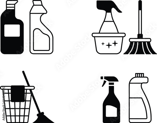Black and white cleaning supplies icons set