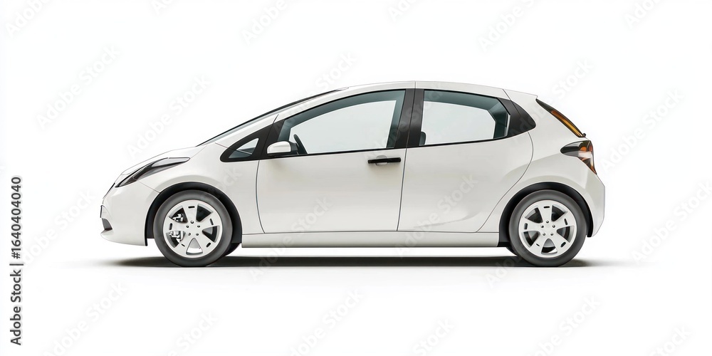 Obraz premium A compact white hatchback car with black trim and silver alloy wheels, positioned against a plain white background, highlighting its design and features.