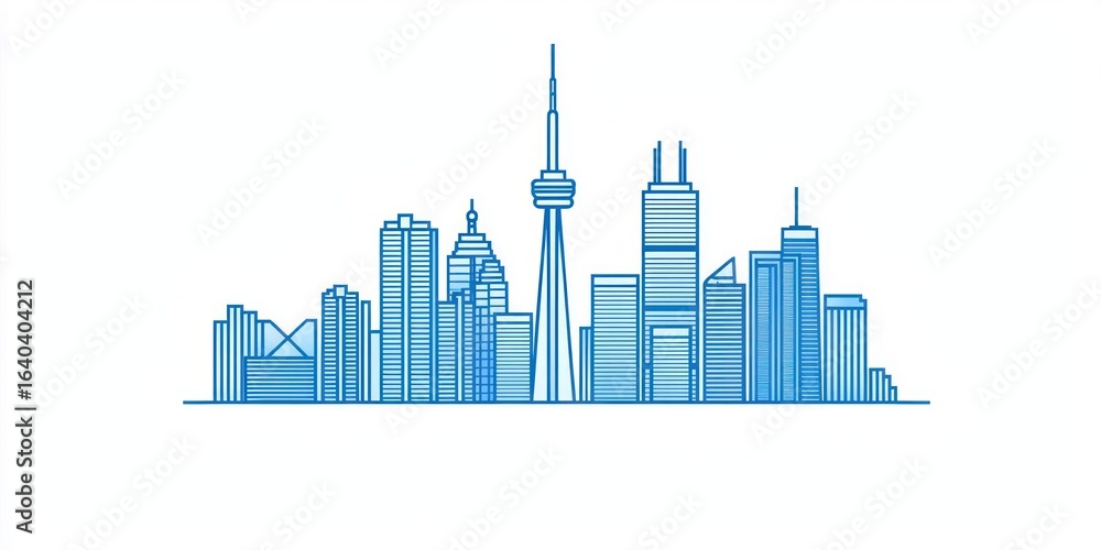 Fototapeta premium A stylized, blue line drawing of a city skyline with prominent skyscrapers and a tall needle-like structure, likely representing a major city's skyline.