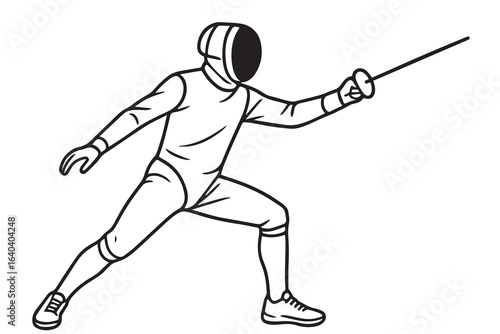 Detailed vector image of a male fencer in black and white with thick black outline, capturing motion, strength, and tactical skill in competition.