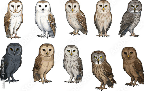 Various species of owls cartoon vector illustration, detailed flat bird wildlife clipart, nocturnal raptors collection isolated design, cad drawing flat vector illustration