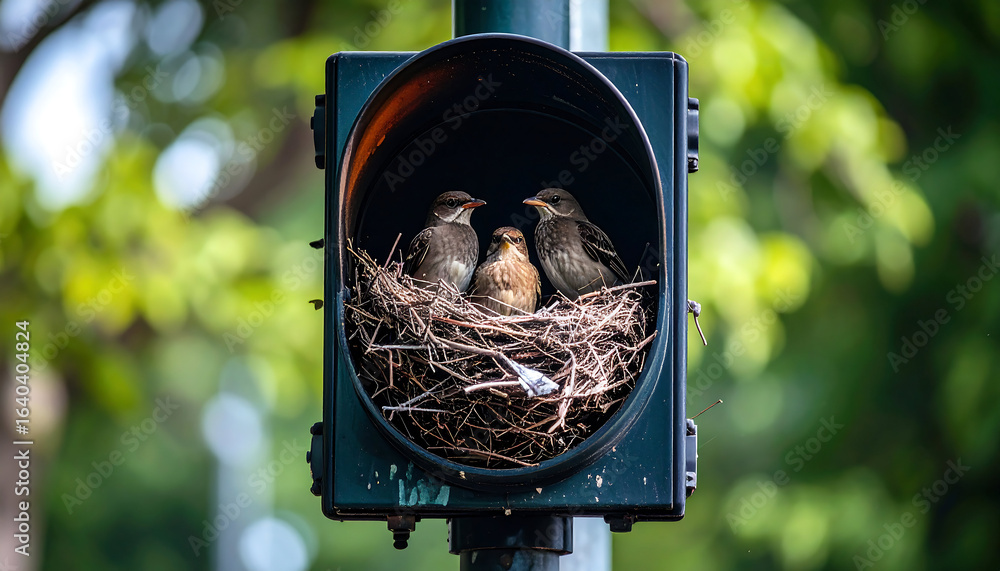 Obraz premium Urban Nest: Three Starlings Huddled in a Traffic Light Housing, Green Bokeh Background
