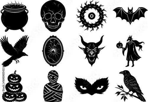 Halloween silhouettes set. haunted castles, witches, ghosts, pumpkins, spiders, skull. Collection of Halloween vector