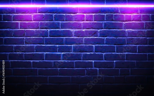 Neon purple   blue light on dark brick wall