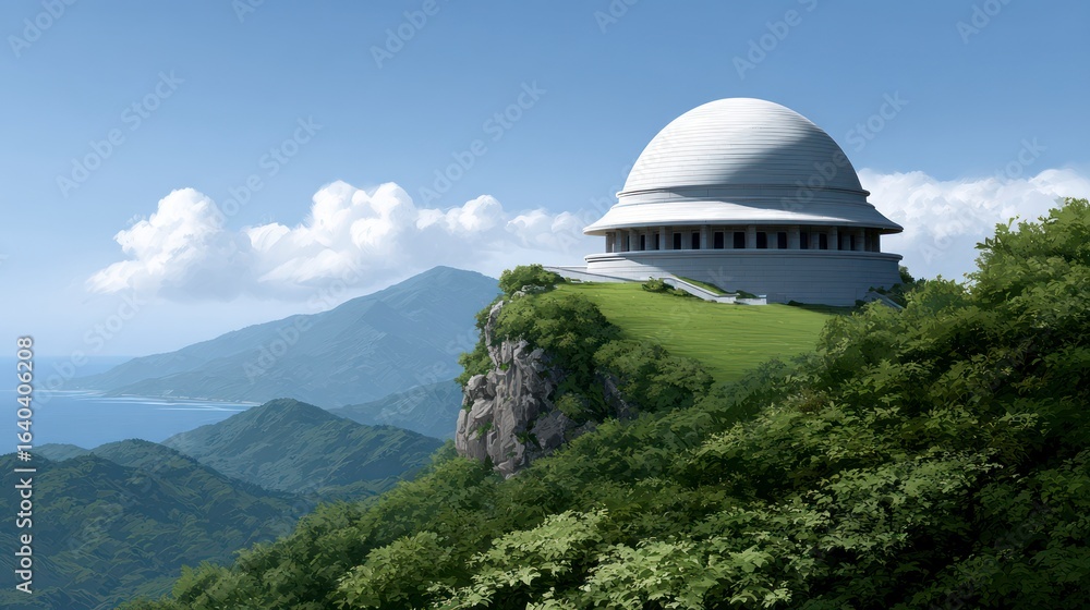 Fototapeta premium Futuristic domed building on grassy cliff overlooking misty blue mountains and ocean