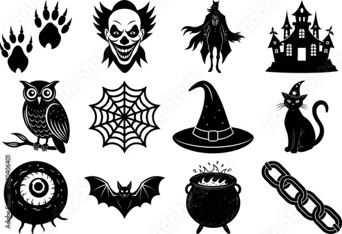 Halloween silhouettes set. haunted castles, witches, ghosts, pumpkins, spiders, skull. Collection of Halloween vector
