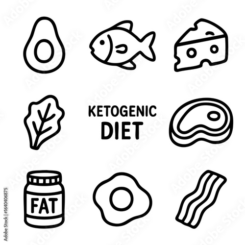 A set of doodle line icons showing ketogenic diet foods, healthy fats, and low-carb meal ingredients for nutrition and weight loss themes