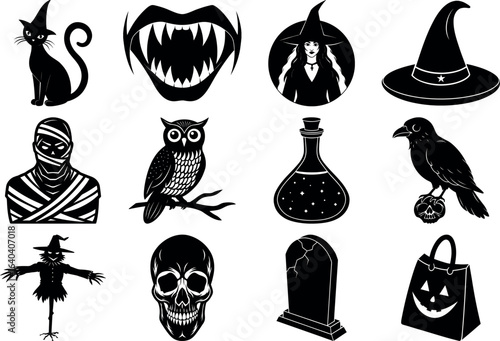 Halloween silhouettes set. haunted castles, witches, ghosts, pumpkins, spiders, skull. Collection of Halloween vector