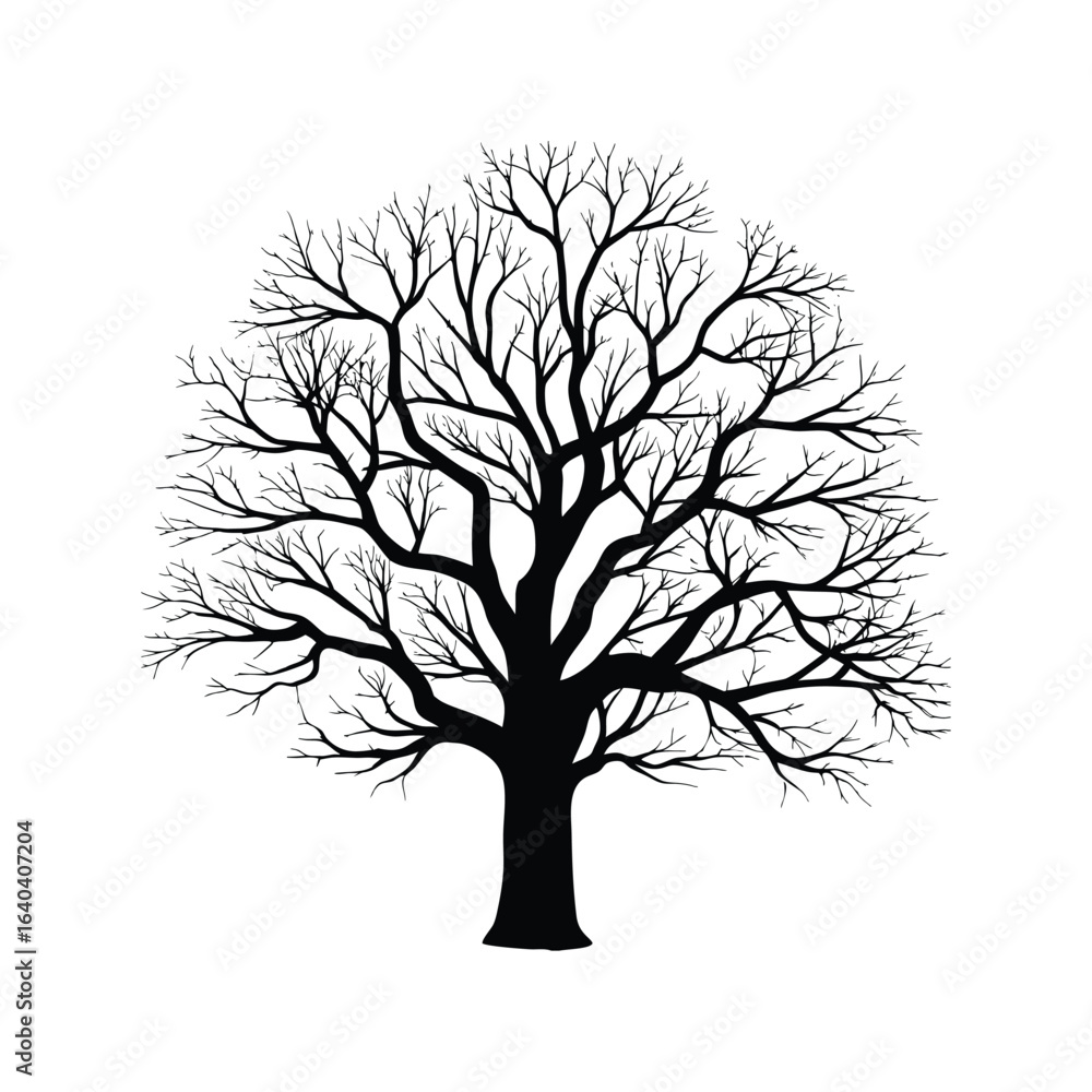 Fototapeta premium Minimalist leafless tree icon in bold black vector for natural, rustic, or Halloween graphics. leafless tree silhouette vector icon illustration clip art on white background minimalist flat black bold