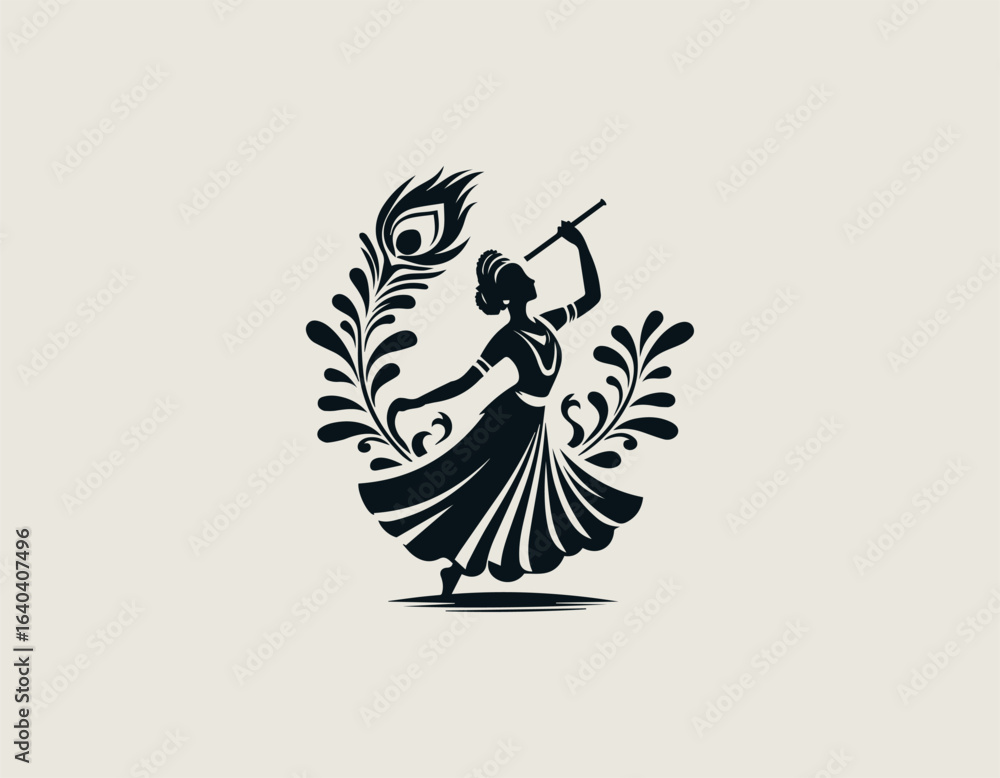 Fototapeta premium Black Vector Logo of Traditional Dance for Janmashtami