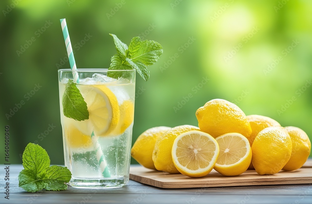 Fototapeta premium Refreshing Lemonade Beverage with Lemons and Mint for Summer Refreshment