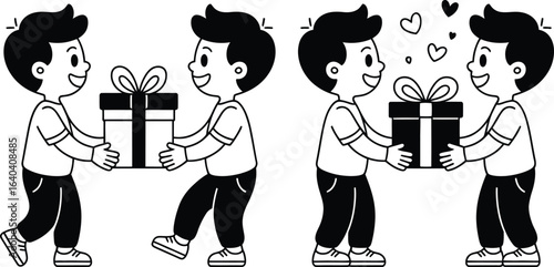 Cartoon boys exchanging gifts