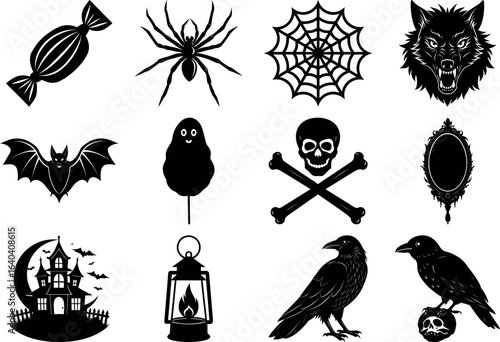 Halloween silhouettes set. haunted castles, witches, ghosts, pumpkins, spiders, skull. Collection of Halloween vector