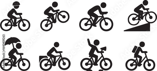 Stick Figure Bicycle Silhouettes – Helmet, Wheelie, Ramp, Umbrella, Backpack & Action Poses