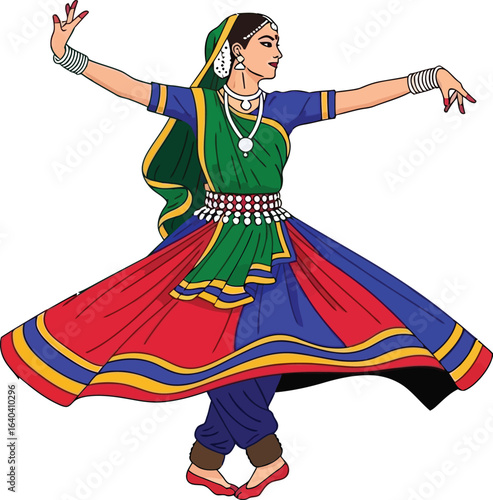 Graceful Indian dancer in traditional attire performs Kathak with vibrant flair.
