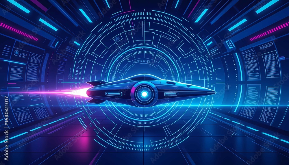 Obraz premium A futuristic spacecraft flies through a digital neon tunnel at high speed