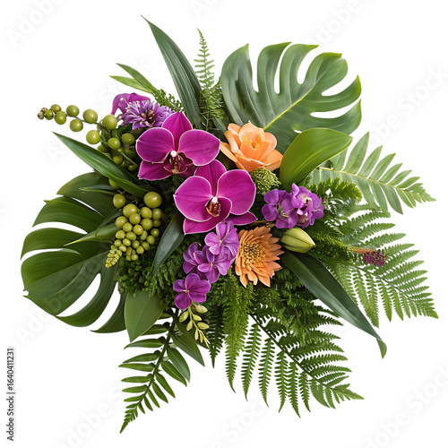 Tropical flower arrangement with orchids and monstera leaves isolated on transparent background