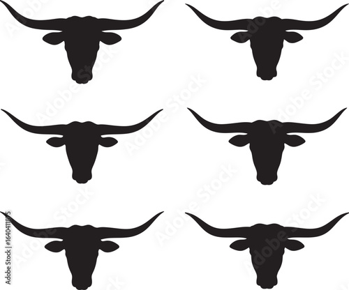 Repeating Pattern of Longhorn Cattle Heads in Black Silhouette Style 