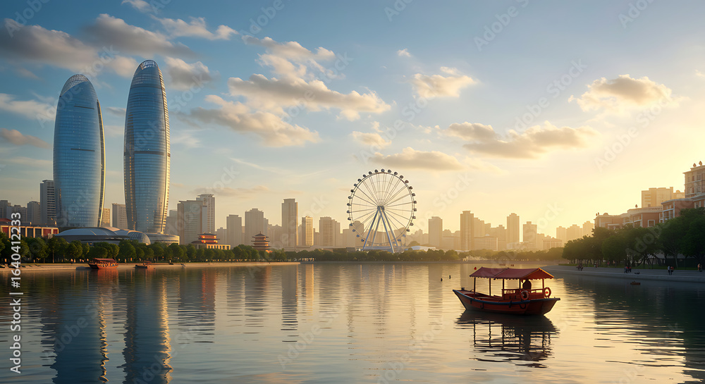Naklejka premium Beautiful skyline of Xiamen with iconic Twin Towers and a serene lake scene
