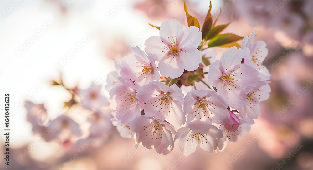 Blooming cherry blossoms create a delicate pink floral display Blooming cherry blossoms create a delicate pink floral display