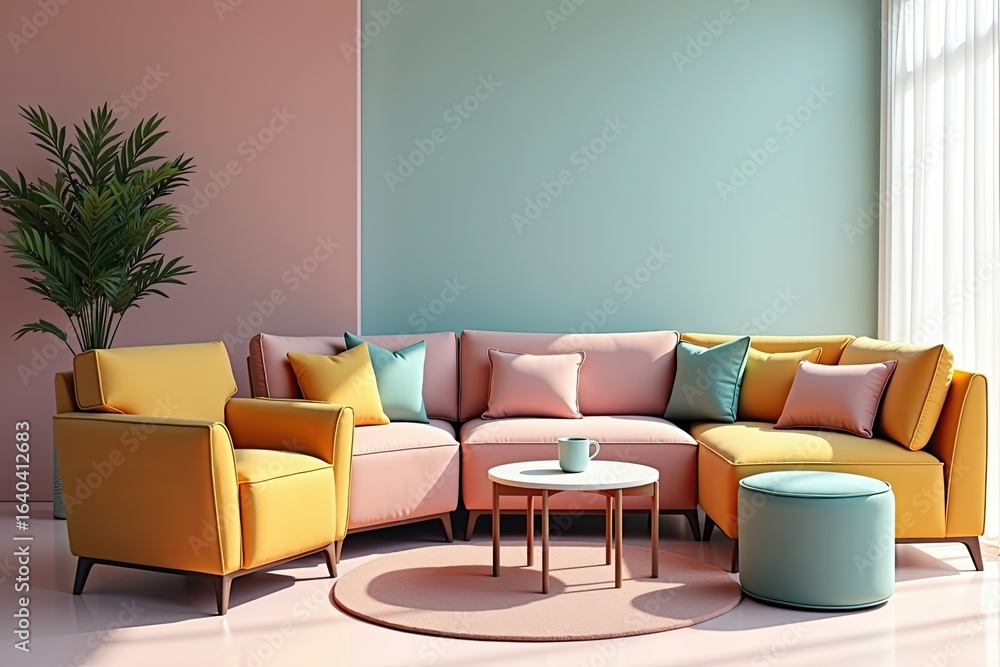 Fototapeta premium Vibrant living room with pastel color scheme.
