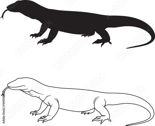 Komodo Dragon Illustration with Silhouette and Outline Style Design 