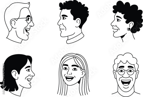 Line art faces of six people